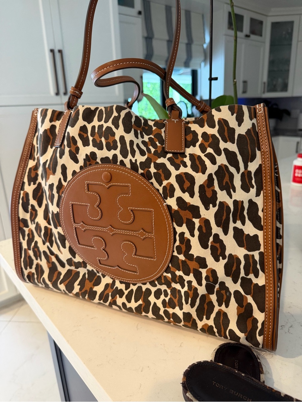 Tory Burch Leopard-Print Canvas Shoulder Bag with Brown Leather Trim.